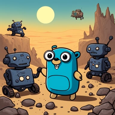 Go blue gopher with scary robots and the word VIAM in the background.