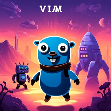 Go blue gopher with scary robots and the word VIAM in the background.