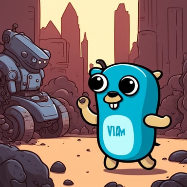 Go blue gopher with scary robots and the word VIAM in the background.