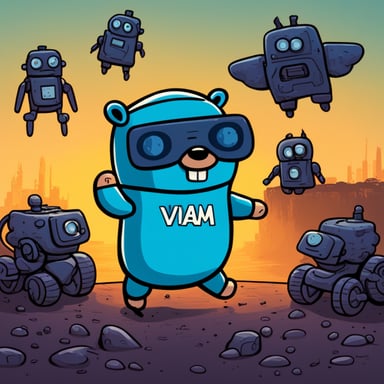 Go blue gopher with scary robots and the word VIAM in the background.