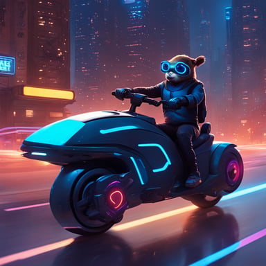 A Go Blue Gopher rides a neon-lit hoverbike through a cyberpunk city, illuminated by the futuristic glow.