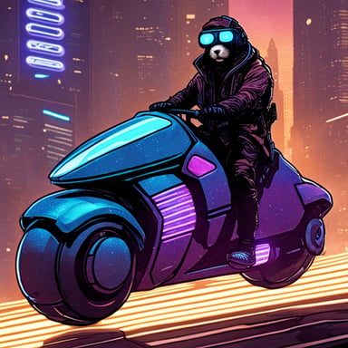 A Go Blue Gopher rides a neon-lit hoverbike through a cyberpunk city, illuminated by the futuristic glow.