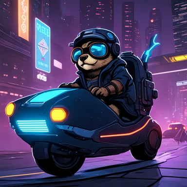 A Go Blue Gopher rides a neon-lit hoverbike through a cyberpunk city, illuminated by the futuristic glow.