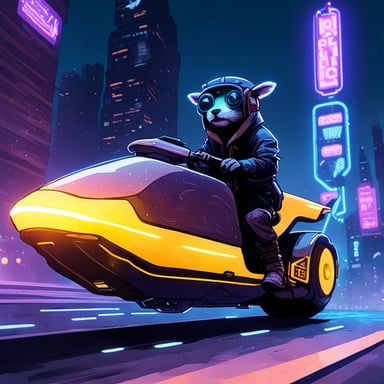 A Go Blue Gopher rides a neon-lit hoverbike through a cyberpunk city, illuminated by the futuristic glow.