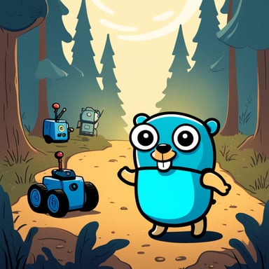 Go Blue Gopher looking happy playing with robots in a forest.