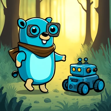 Go Blue Gopher looking happy playing with robots in a forest.
