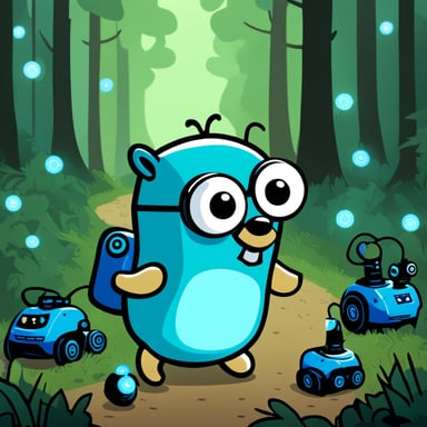 Go Blue Gopher looking happy playing with robots in a forest.