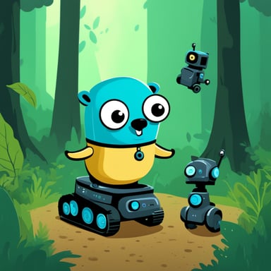 Go Blue Gopher looking happy playing with robots in a forest.