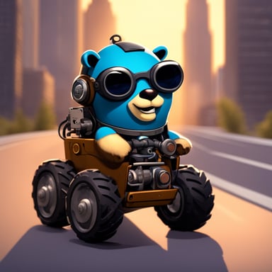 Confident go blue gopher wearing pilot goggles riding a robot powered by jank.