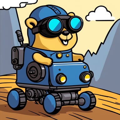 Confident go blue gopher wearing pilot goggles riding a robot powered by jank.