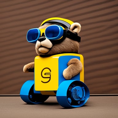 Confident go blue gopher wearing pilot goggles riding a robot powered by jank.