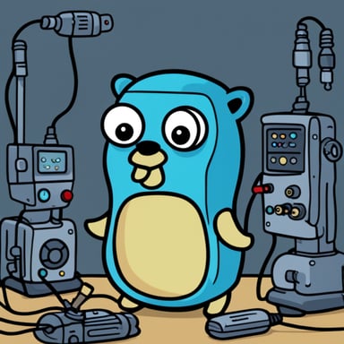 Go Blue Gopher surrounded by really smart machines with wires attached to Go Blue Gopher.