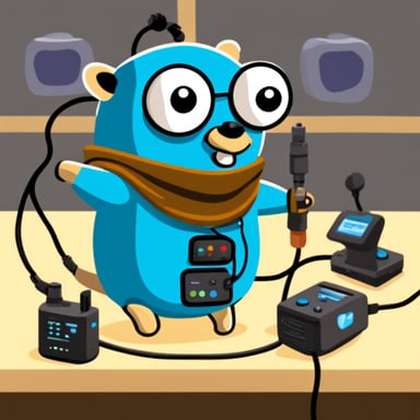 Go Blue Gopher surrounded by really smart machines with wires attached to Go Blue Gopher.