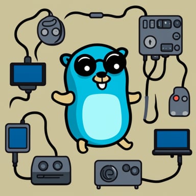 Go Blue Gopher surrounded by really smart machines with wires attached to Go Blue Gopher.