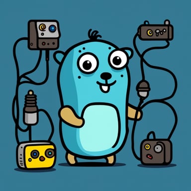 Go Blue Gopher surrounded by really smart machines with wires attached to Go Blue Gopher.