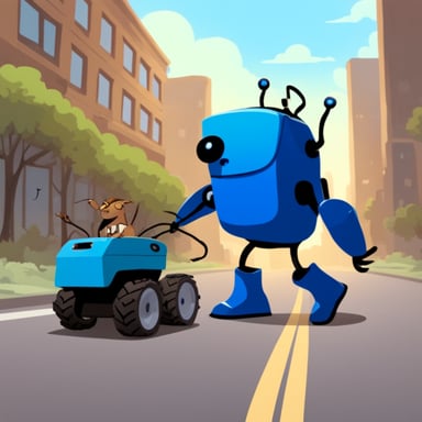 Go Blue Gopher with a robot spider body picking up garbage.