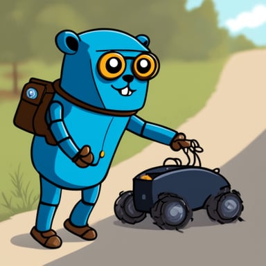 Go Blue Gopher with a robot spider body picking up garbage.