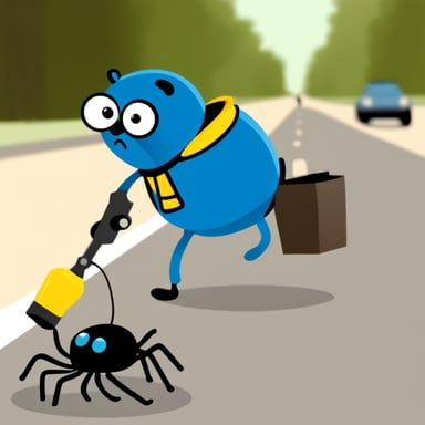 Go Blue Gopher with a robot spider body picking up garbage.