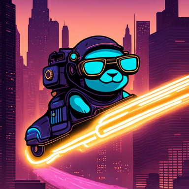 A go blue gopher in a cyberpunk city, riding a neon-lit hoverbike.
