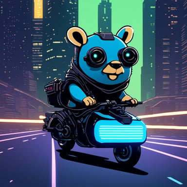 A go blue gopher in a cyberpunk city, riding a neon-lit hoverbike.