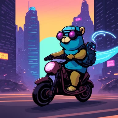 A go blue gopher in a cyberpunk city, riding a neon-lit hoverbike.