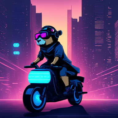 A go blue gopher in a cyberpunk city, riding a neon-lit hoverbike.