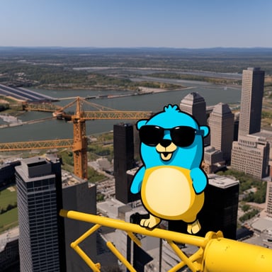 Go blue gopher with sunglasses on a tower crane.