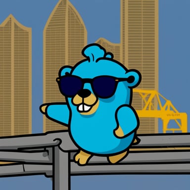 Go blue gopher with sunglasses on a tower crane.