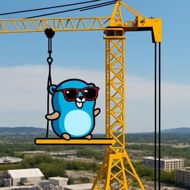 Go blue gopher with sunglasses on a tower crane.