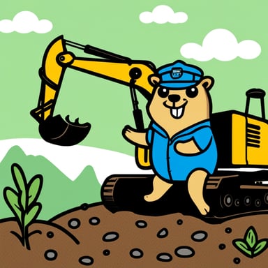 Happy Go Blue Gopher beside an excavator.