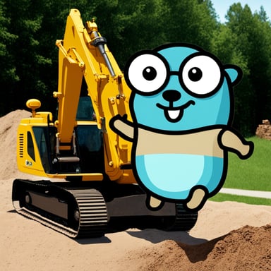 Happy Go Blue Gopher beside an excavator.