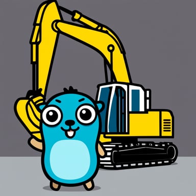 Happy Go Blue Gopher beside an excavator.