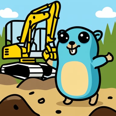 Happy Go Blue Gopher beside an excavator.