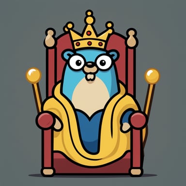 A go blue gopher wearing a king's crown and robe, sitting on a throne with a comical look of importance.