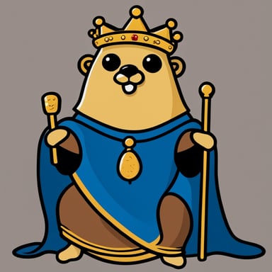 A go blue gopher wearing a king's crown and robe, sitting on a throne with a comical look of importance.