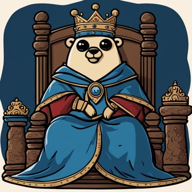 A go blue gopher wearing a king's crown and robe, sitting on a throne with a comical look of importance.