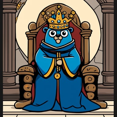 A go blue gopher wearing a king's crown and robe, sitting on a throne with a comical look of importance.