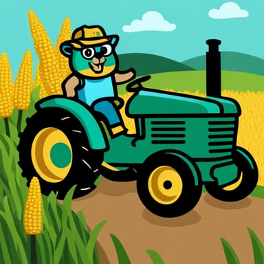 Go Blue Gopher as a farmer with a green tractor, with a corn field in the background.