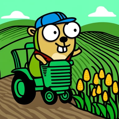 Go Blue Gopher as a farmer with a green tractor, with a corn field in the background.