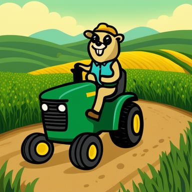 Go Blue Gopher as a farmer with a green tractor, with a corn field in the background.