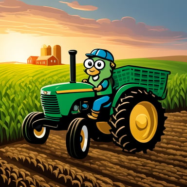 Go Blue Gopher as a farmer with a green tractor, with a corn field in the background.