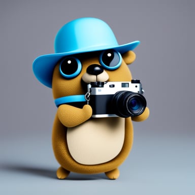 Go Blue Gopher is holding many cameras and looks high tech.