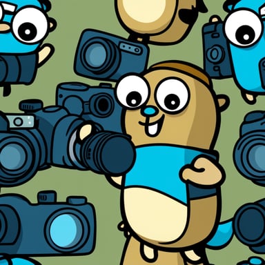 Go Blue Gopher is holding many cameras and looks high tech.