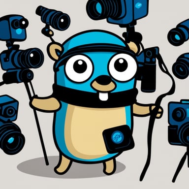 Go Blue Gopher is holding many cameras and looks high tech.