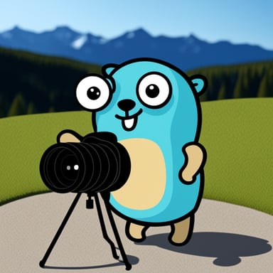 Go Blue Gopher is holding many cameras and looks high tech.