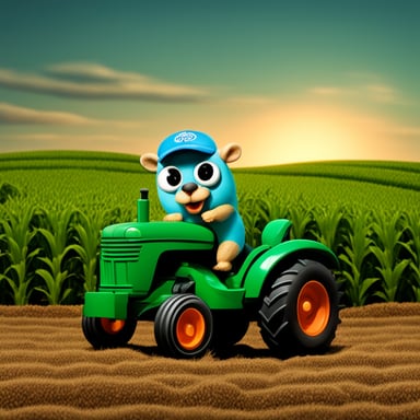 Realistic Go Blue Gopher as a farmer with a green tractor, with a corn field in the background.