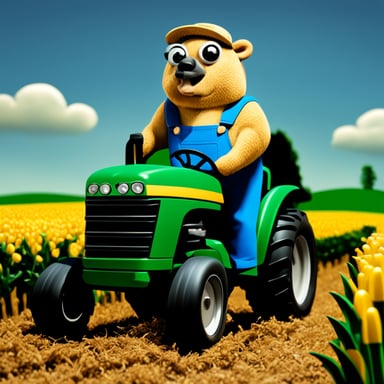 Realistic Go Blue Gopher as a farmer with a green tractor, with a corn field in the background.