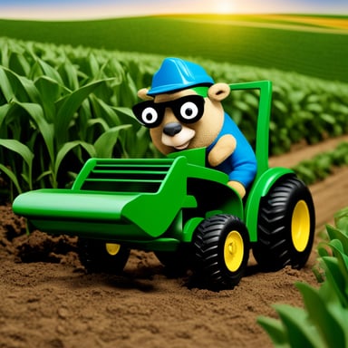 Realistic Go Blue Gopher as a farmer with a green tractor, with a corn field in the background.