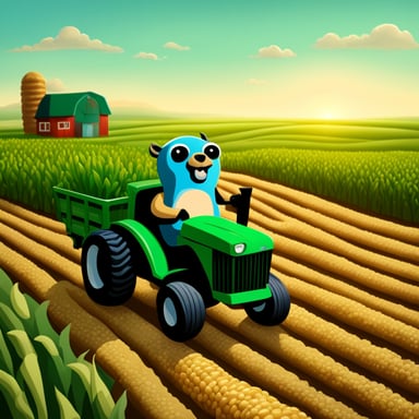 Realistic Go Blue Gopher as a farmer with a green tractor, with a corn field in the background.