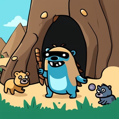 Caveman Go Blue Gopher defending his cave from Java Hyenas.